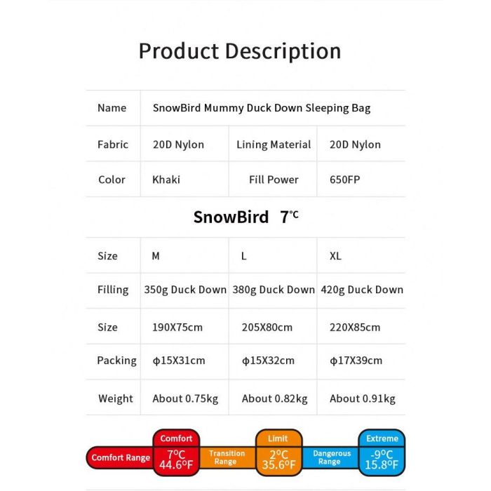 Спальник з натуральним пухом Naturehike Snowbird NH20YD001, p-р L, коричневий 7℃