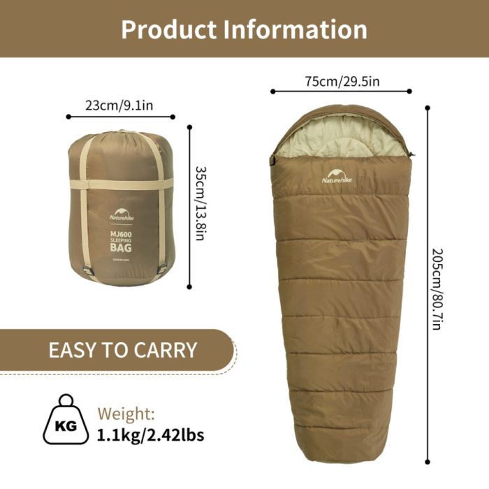 Спальник з капюшоном Naturehike MJ 600 CNK2300SD014, коричневий -5°C
