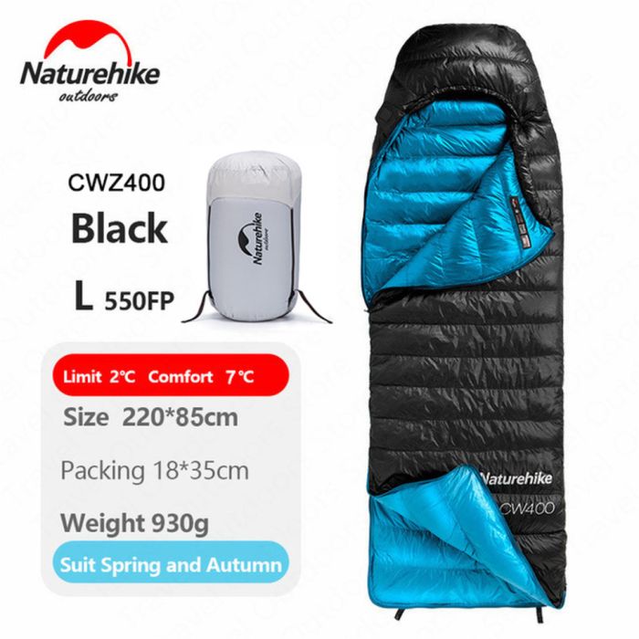 Спальник з натуральним пухом Naturehike CW400 NH18C400-D, p-р L, чорно-блакитний 5°C