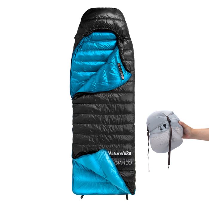 Спальник з натуральним пухом Naturehike CW400 NH18C400-D, p-р L, чорно-блакитний 5°C