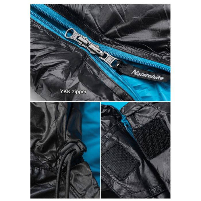 Спальник з натуральним пухом Naturehike CW400 NH18C400-D, p-р L, чорно-блакитний 5°C