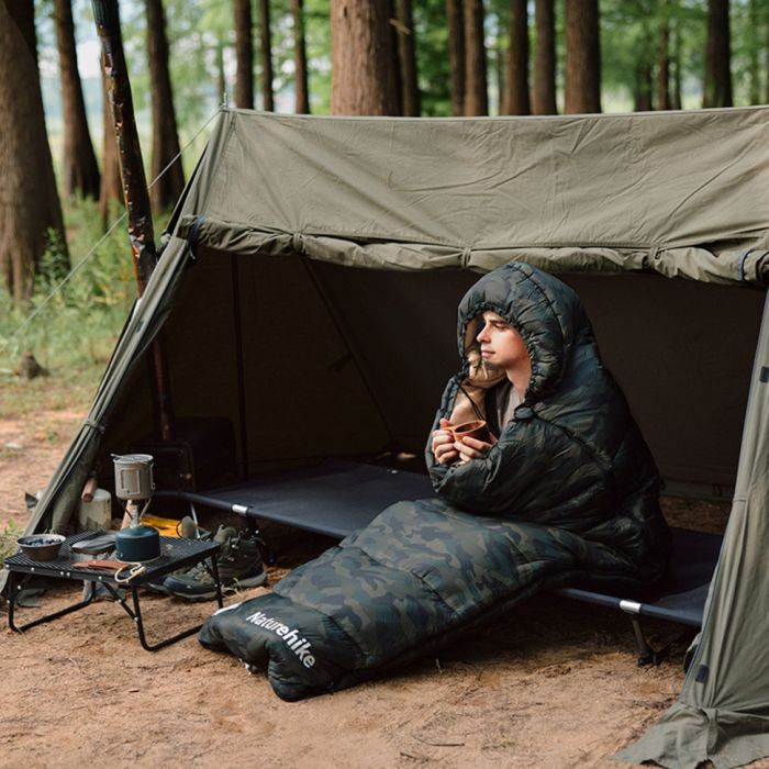 Спальний мішок з капюшоном Naturehike M320 CNK2350WS023, зелений камуфляж, правий +15°C