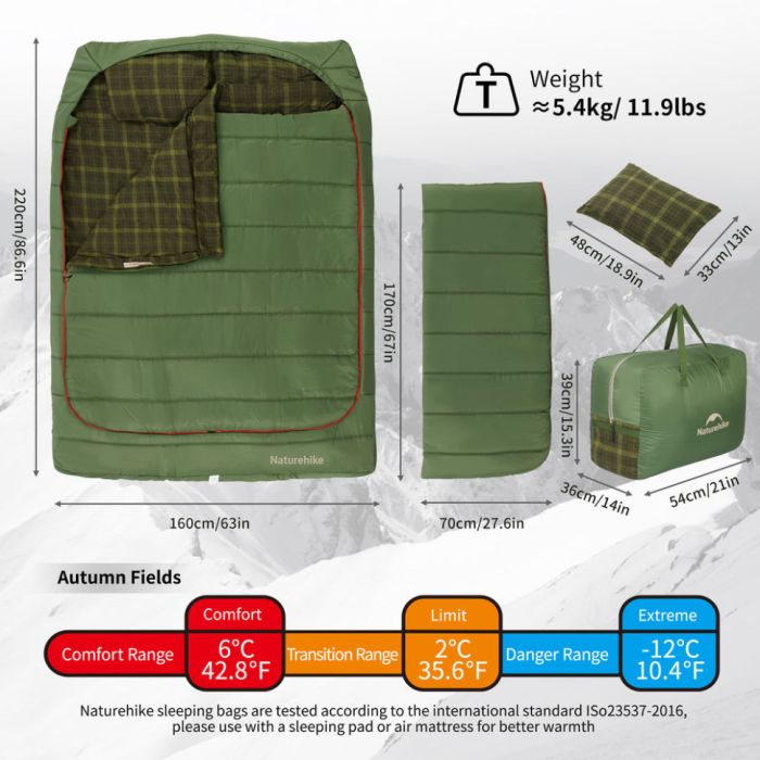Спальний мішок двомісний із подушками Naturehike CNK2350WS019, зелений +6°C