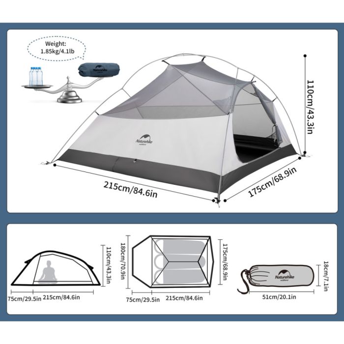 Намет надлегкий тримісний з футпринтом Naturehike Cloud Up 3 UL NH18T030-T-T, 20D, темно-синій