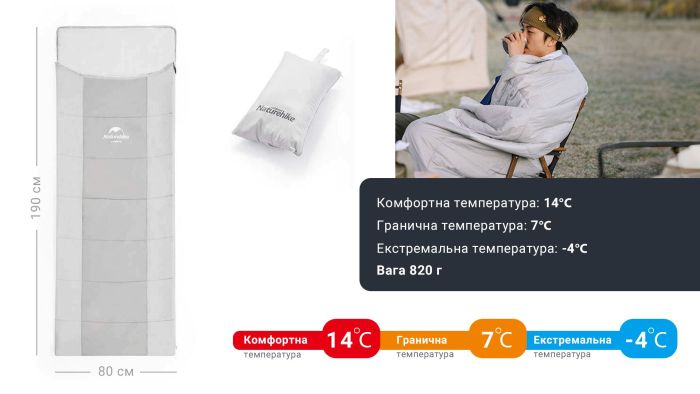 Спальний мішок з подушкою Naturehike NH22MSD01, сірий +14°C