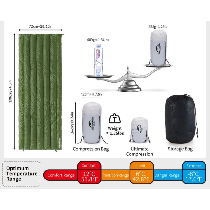 Спальний мішок з натуральним пухом Naturehike CWM295 CNK2300SD013, зелений +11°C